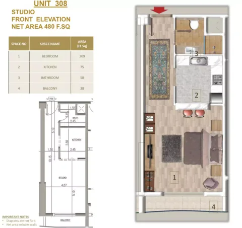 Floor plan, Studio, 480 sq ft