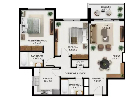 Floor plan, 2 Beds, 1,044 sq ft