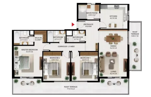 Floor plan, 3 Beds, 1,280 sq ft