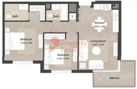 Floor plan, 2 Beds, 952 sq ft