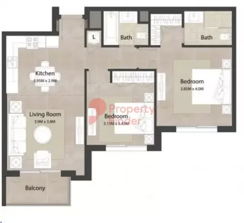 Floor plan, 2 Beds, 909 sq ft