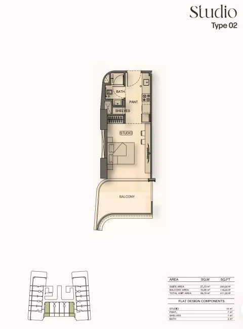 Floor plan, Studio, 411 sq ft