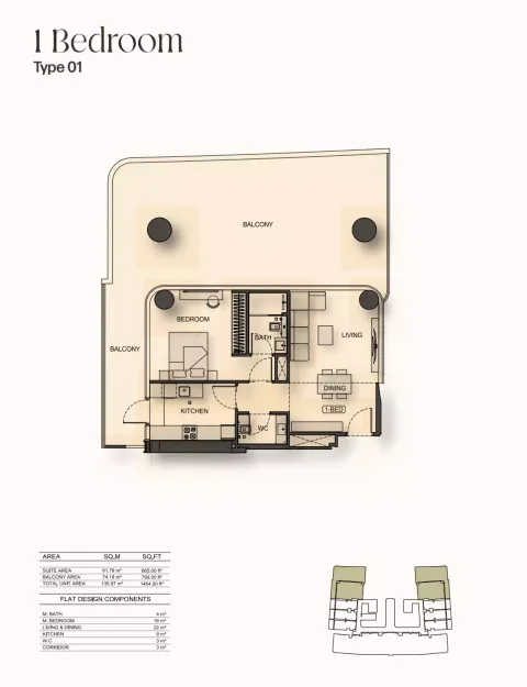 Floor plan, 1 Bed, 1,464 sq ft