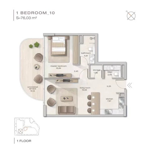 Floor plan, 1 Bed, 818 sq ft