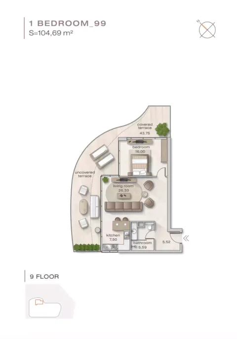 Floor plan, 1 Bed, 1,119 sq ft