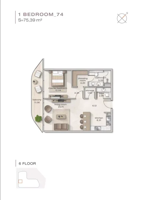 Floor plan, 1 Bed, 807 sq ft