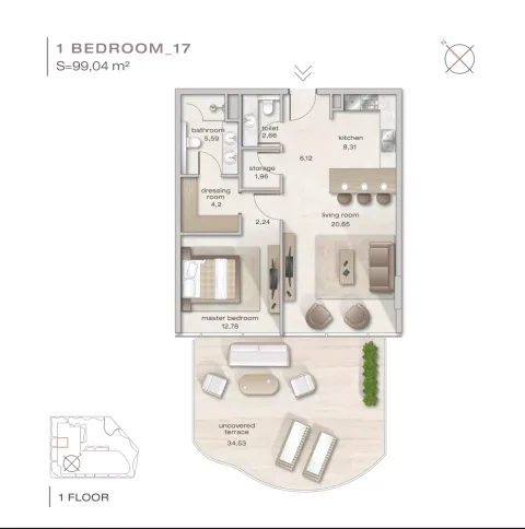Floor plan, 1 Bed, 1,065 sq ft