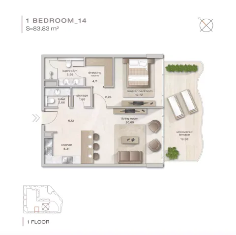 Floor plan, 1 Bed, 893 sq ft
