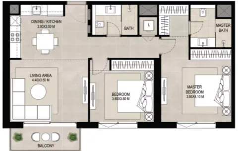 Floor plan, 2 Beds, 972 sq ft