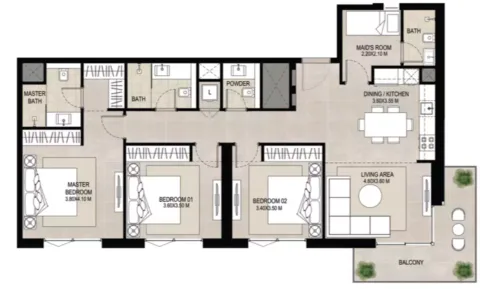 Floor plan, 3 Beds, 1,316 sq ft
