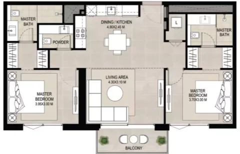 Floor plan, 2 Beds, 972 sq ft