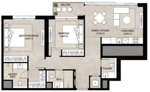 Floor plan, 2 Beds, 970 sq ft