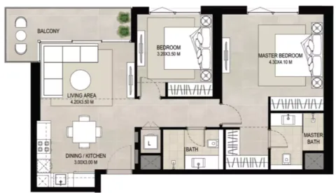 Floor plan, 2 Beds, 951 sq ft