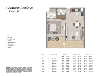 Floor plan, 1 Bed, 695 sq ft