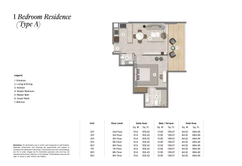 Floor plan, 1 Bed, 694 sq ft
