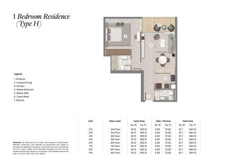 Floor plan, 1 Bed, 664 sq ft