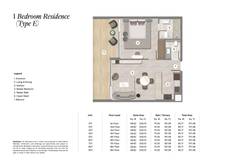 Floor plan, 1 Bed, 701 sq ft