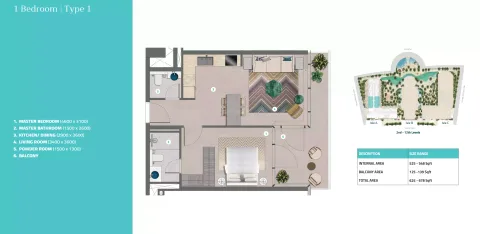 Floor plan, 1 Bed, 625 sq ft