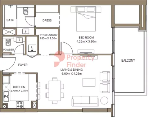 Floor plan, 1 Bed, 950 sq ft