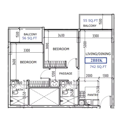 Floor plan, 2 Beds, 848 sq ft