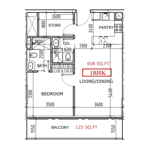 Floor plan, 1 Bed, 733 sq ft