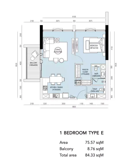 Floor plan, 1 Bed, 907 sq ft