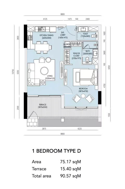 Floor plan, 1 Bed, 975 sq ft