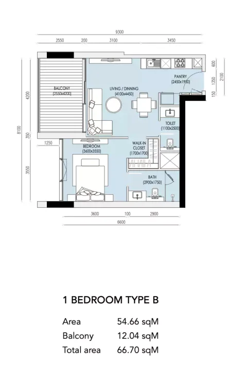 Floor plan, 1 Bed, 717 sq ft