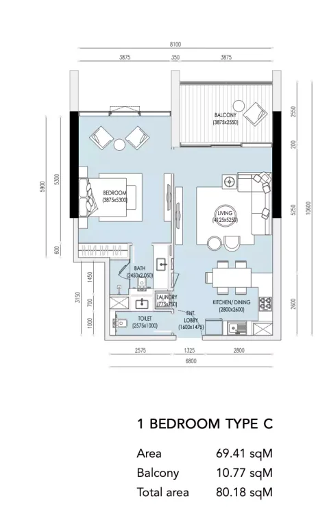 Floor plan, 1 Bed, 863 sq ft