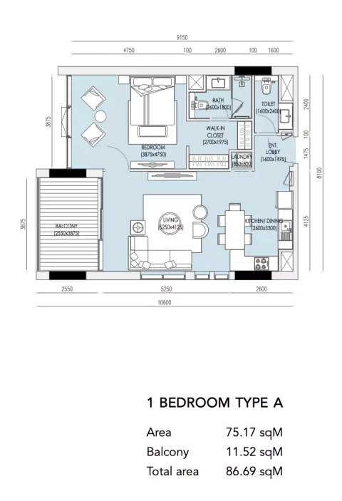 Floor plan, 1 Bed, 933 sq ft
