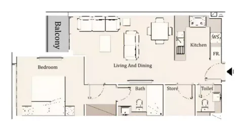 Floor plan, 1 Bed, 636 sq ft