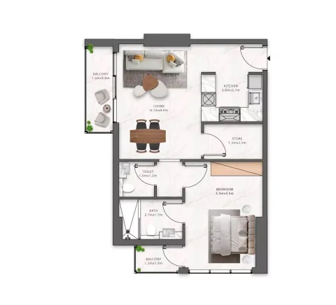 Floor plan, 1 Bed, 702 sq ft