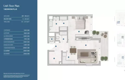 Floor plan, 1 Bed, 707 sq ft