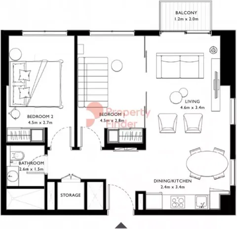 Floor plan, 2 Beds, 742 sq ft