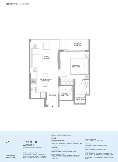 Floor plan, 1 Bed, 509 sq ft