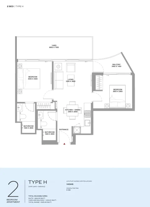 Floor plan, 2 Beds, 825 sq ft