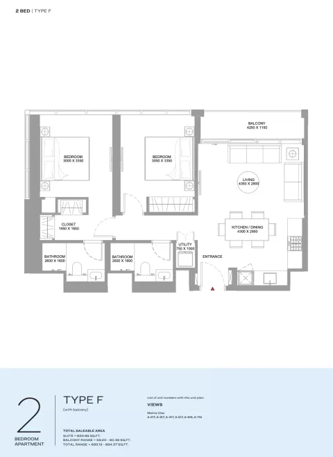 Floor plan, 2 Beds, 893 sq ft