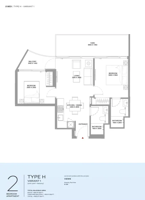 Floor plan, 2 Beds, 825 sq ft