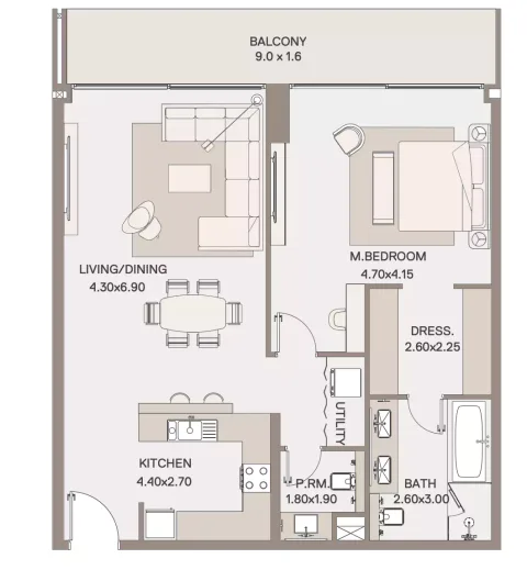 Floor plan, 1 Bed, 1,132 sq ft