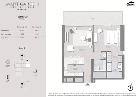 Floor plan, 1 Bed, 882 sq ft