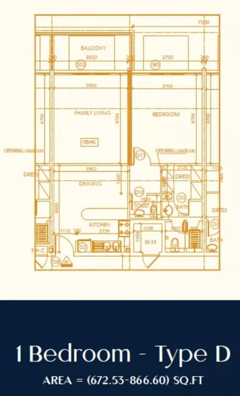 Floor plan, 1 Bed, 672 sq ft