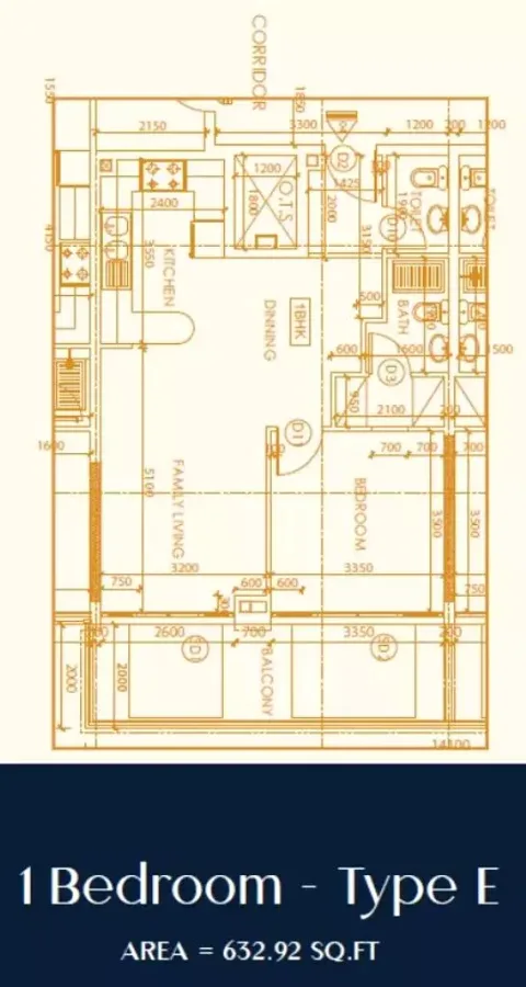 Floor plan, 1 Bed, 632 sq ft