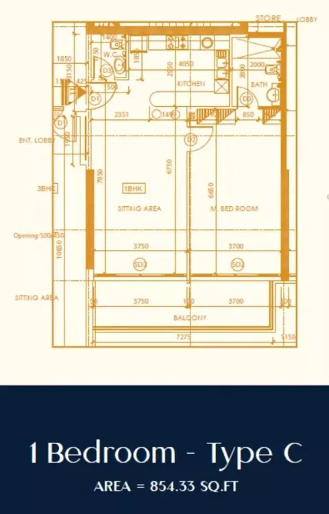 Floor plan, 1 Bed, 854 sq ft