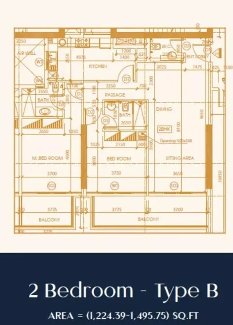 Floor plan, 2 Beds, 1,224 sq ft