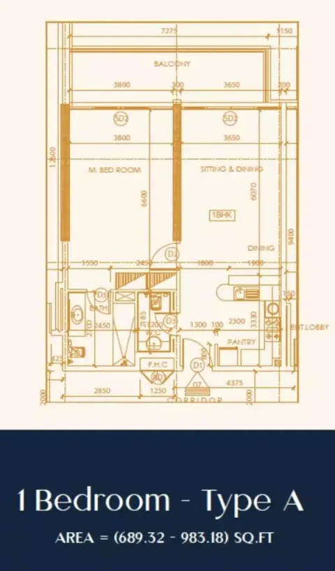 Floor plan, 1 Bed, 689 sq ft
