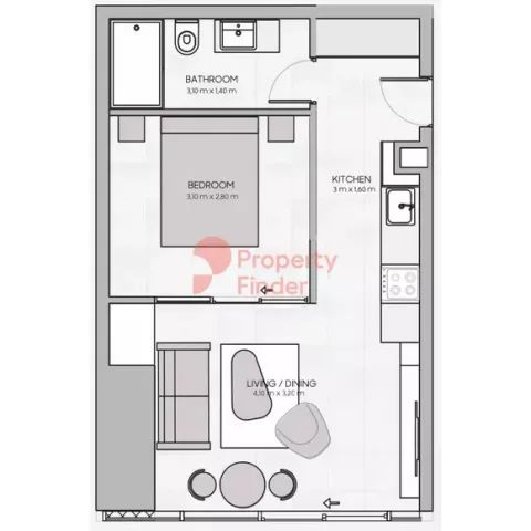 Floor plan, 1 Bed, 399 sq ft