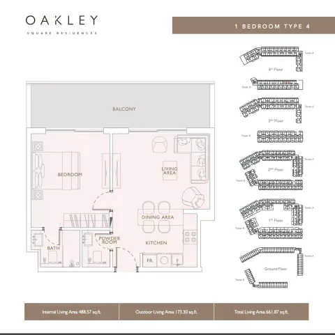 Floor plan, 1 Bed, 661 sq ft