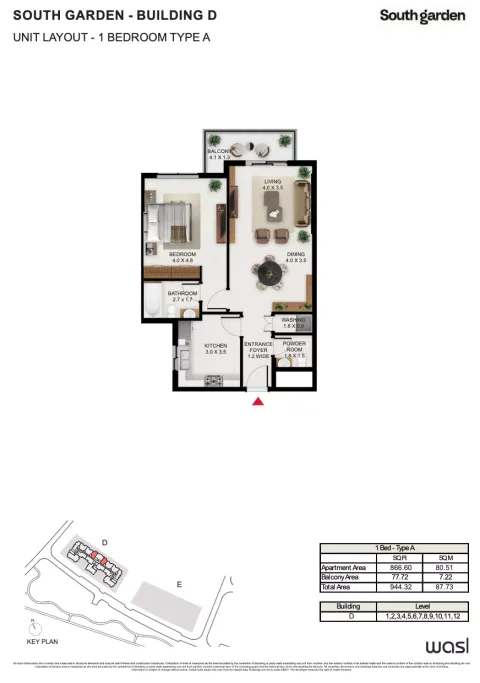 Floor plan, 1 Bed, 944 sq ft