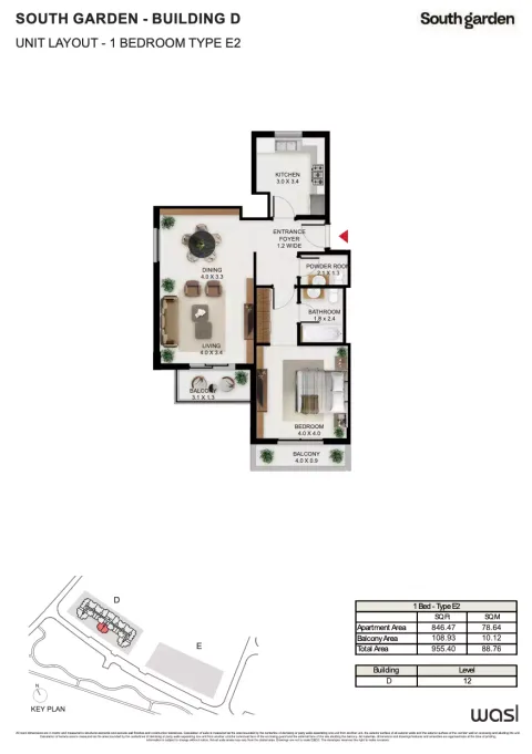 Floor plan, 1 Bed, 955 sq ft