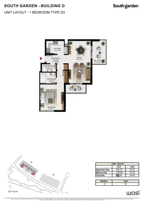 Floor plan, 1 Bed, 943 sq ft
